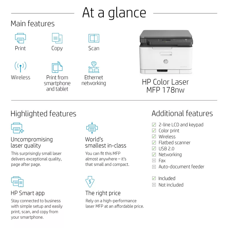HP Color Laser MFP 178nw — krāsu lāzerprinteris, A4, 18 ppm (M/B), Wi‑Fi, Ethernet, divpusējā skenēšana