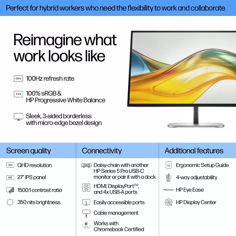 HP Series 5 Pro 27 collu QHD monitors - 527pq, 68.6 cm (27 colli), 2560 x 1440 pikseļi, Quad HD, LCD, 5 ms, Melns