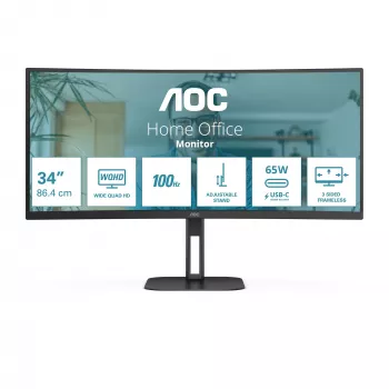 AOC CU34V5C/BK 34 collu izliekts monitors, WQHD 3440x1440, USB-C ar PD65W