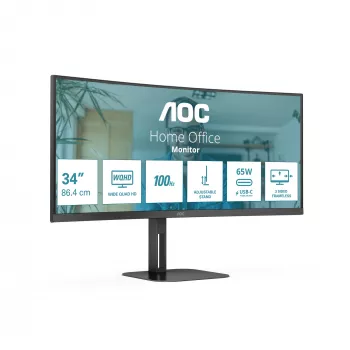 AOC CU34V5C/BK 34 collu izliekts monitors, WQHD 3440x1440, USB-C ar PD65W
