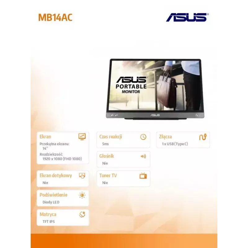 ASUS MB14AC pārnēsājamais monitors 35,6 cm (14 inch) Full HD pelēks