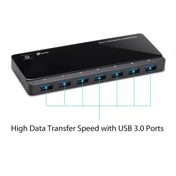 TP-Link UH720 USB 3.0 7 portu centrmezgls ar 2 uzlādes portiem, melns