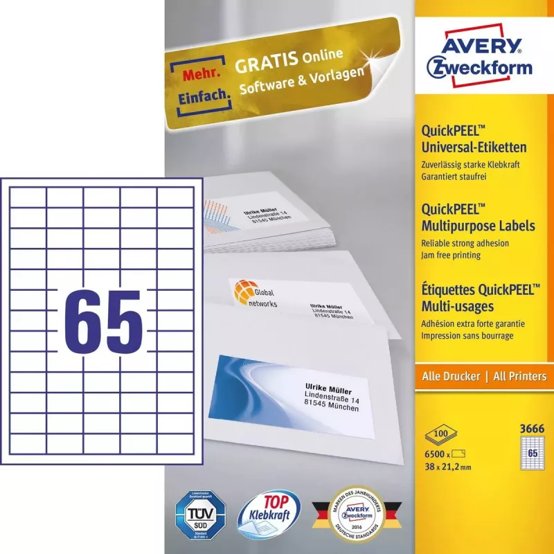 Pašlīmējošā etiķete Avery 3666, 38 x 21,2 mm, 6500 gab.