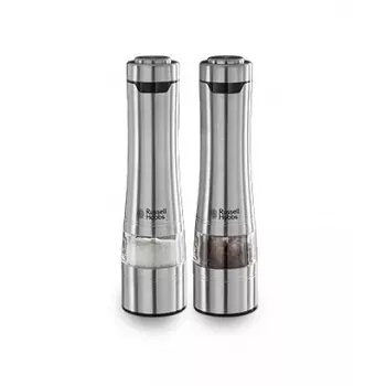 Russell Hobbs 23460-56 sāls un piparu dzirnaviņu komplekts — nerūsējošais tērauds, keramikas mehānisms, bateriju darbināms
