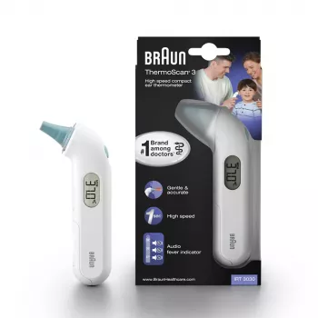 Kontakta auss termometrs BRAUN ThermoScan 3 IRT3030 — mērījums 34–42.2°C, 1 s, LCD, skaņas signāls, balts