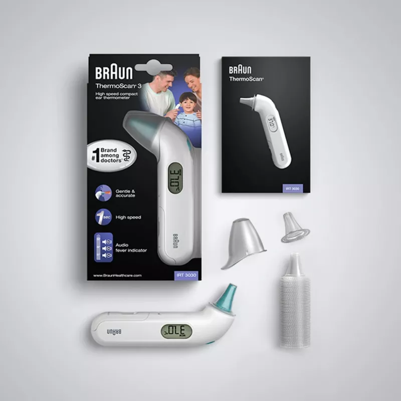 Kontakta auss termometrs BRAUN ThermoScan 3 IRT3030 — mērījums 34–42.2°C, 1 s, LCD, skaņas signāls, balts