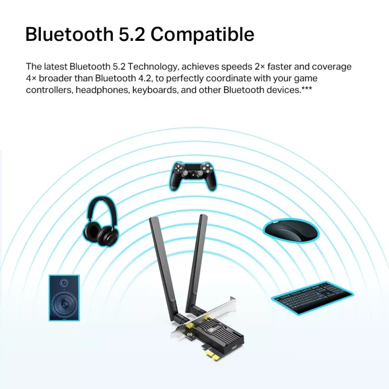 TP-Link AX1800 Wi-Fi 6 Bluetooth 5.2 PCIe Adapter, iekšējais, bezvadu, PCI Express, WLAN / Bluetooth, 1800 Mbit/s, melns