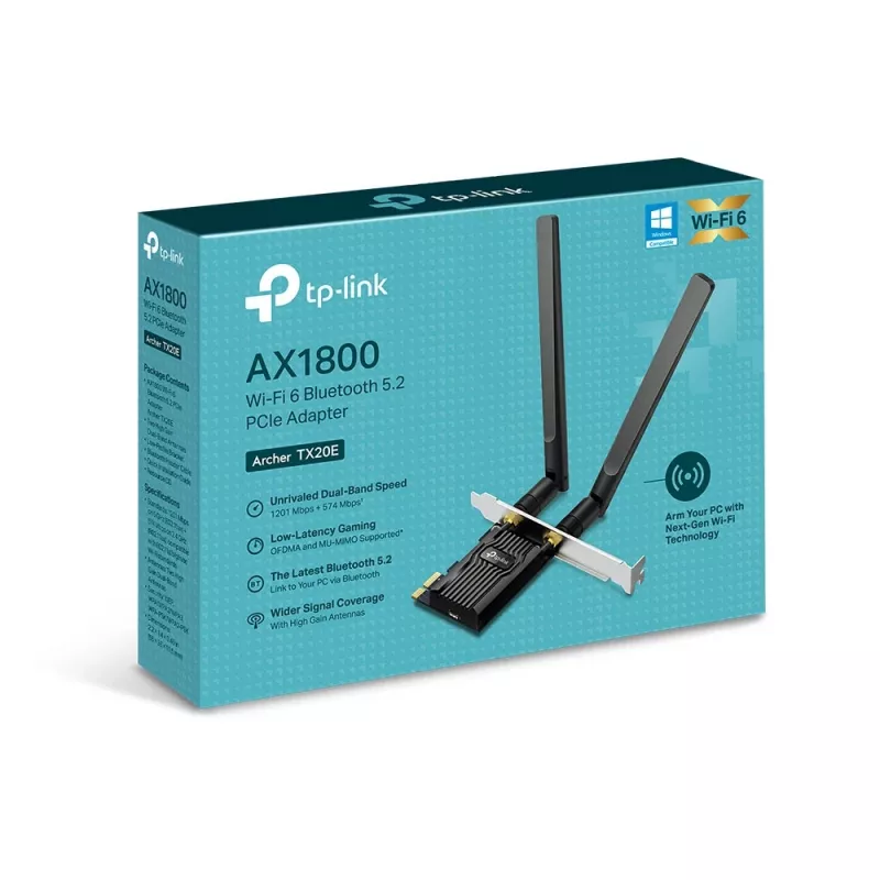 TP-Link AX1800 Wi-Fi 6 Bluetooth 5.2 PCIe Adapter, iekšējais, bezvadu, PCI Express, WLAN / Bluetooth, 1800 Mbit/s, melns