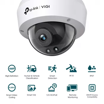 TP-Link VIGI C240I 4MP kupola tīkla kamera, iekštelpām un ārtelpām, vadu, melna/balta