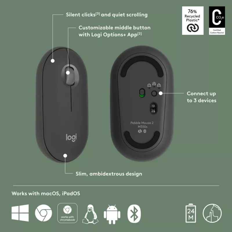 Pele Logitech M350S Melna USB Optiska Bezvadu