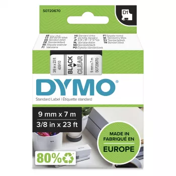 DYMO Authentic D1 etiķetes | Melns drukājums uz caurspīdīgas lentes | 9 mm x 7 m | Pašlīmējošas etiķetes LabelManager marķētājiem | Ražots Eiropā