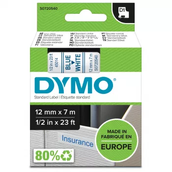 DYMO D1 lente ar zilu uzrakstu uz balta fona, 12 mm x 7 m