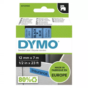 DYMO Authentic D1 etiķetes | Melns drukājums uz zilas lentes | 12 mm x 7 m | Pašlīmējošas etiķetes LabelManager marķieriem | Ražotas Eiropā