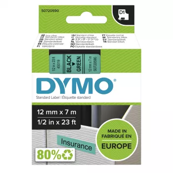 DYMO Autentiskas D1 Lentes | Melns Uzraksts Uz Zaļas Lentes | 12 mm x 7 m | Pašlīmējošas Lentes LabelManager Marķētājiem | Ražots Eiropā