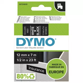 DYMO D1 lentes kasetne | Balts uz melna | 12 mm x 7 m | Pašlīmējošas etiķetes LabelManager marķētājiem