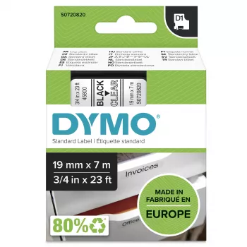 DYMO Authentic D1 etiķetes | Melns uz caurspīdīgas lentes | 19 mm x 7 m | Pašlīmējošas etiķetes LabelManager marķētājiem | Ražotas Eiropā