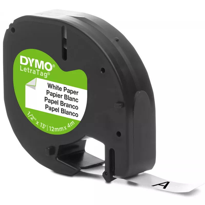 DYMO LetraTag papīra etiķetes | Oriģinālas | 12 mm x 4 m ruļlis | Melns uz balta | Pašlīmējošas daudzfunkcionālas etiķetes LetraTag marķieriem | Ražots Eiropā