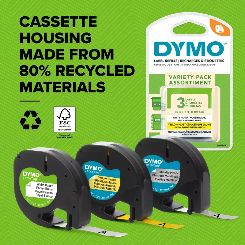 DYMO LetraTag plastmasas lentes ruļļi | 12 mm x 4 m | Melns uz zila | Izturīgas pašlīmējošas etiķetes LetraTag marķētājiem