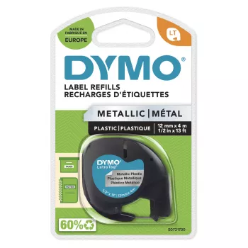 DYMO LetraTag Metāliskās lentes | Autentisks | Melns uz metāliski sudraba | 12mm x 4m | Pašlīmējošas daudzfunkcionālas etiķetes LetraTag etiķešu printeriem