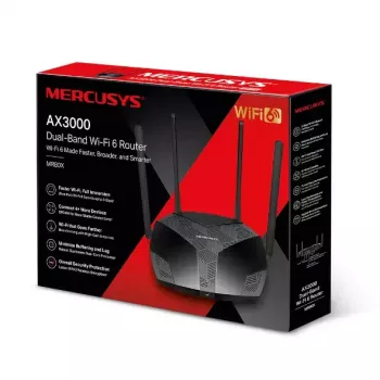 Galda maršrutētājs MERCUSYS MR80X — divu joslu Wi‑Fi 6 (802.11ax), 3000 Mbps, 4 ārējās antenas, 3 Gigabit LAN porti