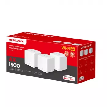 MESH sistēma MERCUSYS Halo H60X (3-pack) — Divjoslu Wi‑Fi 6, līdz 1500 Mbps, pārklājums 550 m², 2× LAN porti