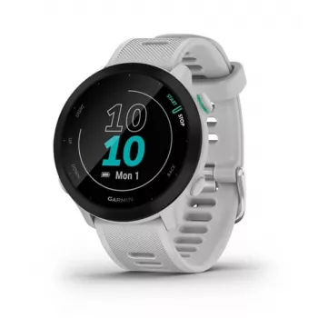 Viedpulkstenis GARMIN Forerunner 55 — 42 mm apaļš sporta pulkstenis, GPS/GLONASS/Galileo, 14 dienu akumulators, 5 ATM, silikona balta siksniņa