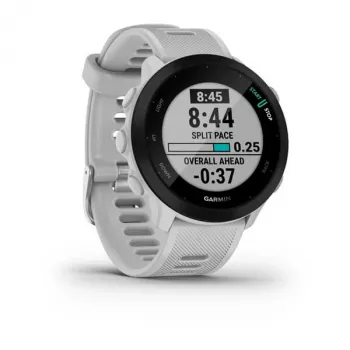 Viedpulkstenis GARMIN Forerunner 55 — 42 mm apaļš sporta pulkstenis, GPS/GLONASS/Galileo, 14 dienu akumulators, 5 ATM, silikona balta siksniņa