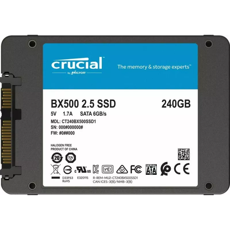 CRUCIAL BX500 240GB SSD, 2.5 inch 7mm, SATA 6 Gb/s, Lasīšana/Rakstīšana: 540 / 500 MB/s