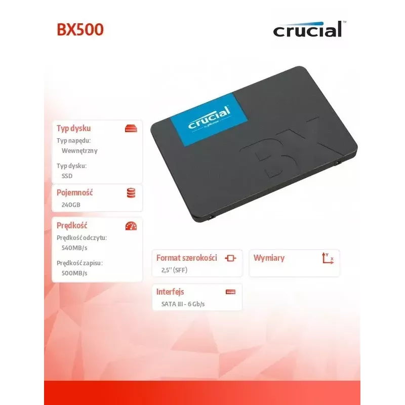 CRUCIAL BX500 240GB SSD, 2.5 inch 7mm, SATA 6 Gb/s, Lasīšana/Rakstīšana: 540 / 500 MB/s
