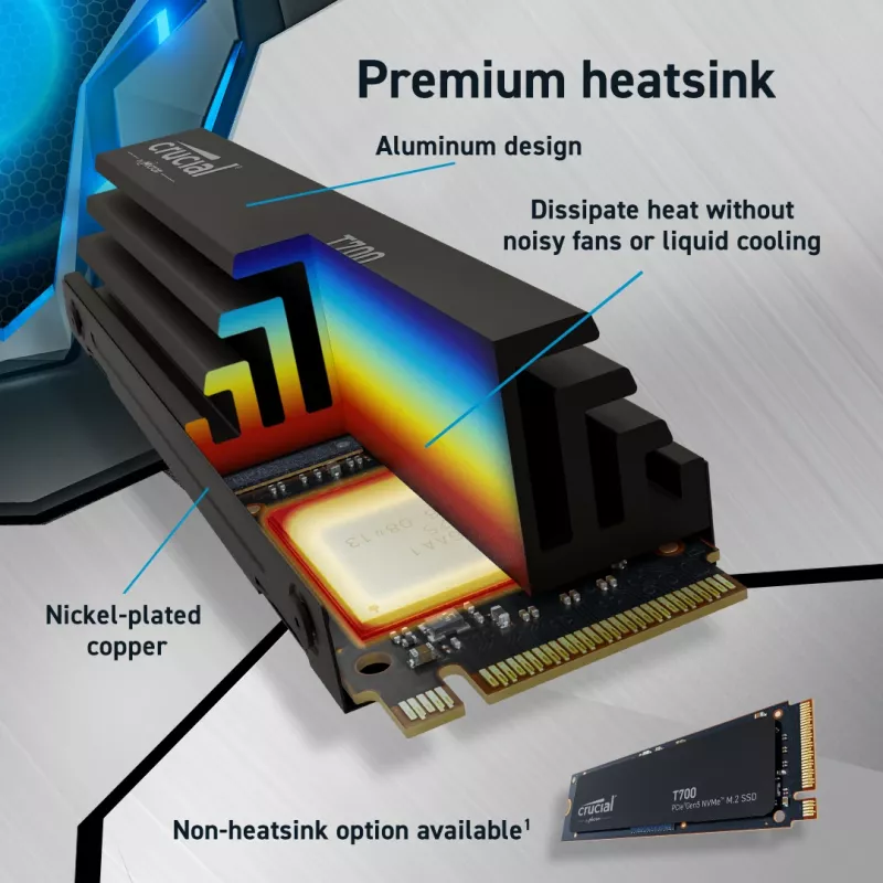Crucial T700 2TB PCIe Gen5 x4 M.2 2280 NVMe SSD ar dzesētāju