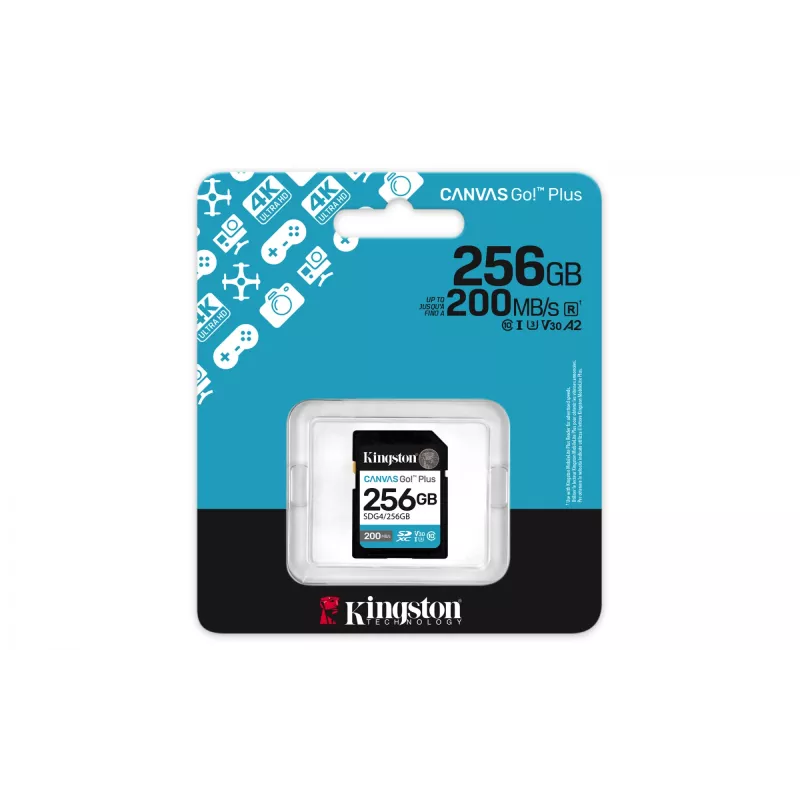 SDXC Kingston Canvas Go Plus 256GB UHS-I U3/V30, lasīšana 200 MB/s, rakstīšana 160 MB/s