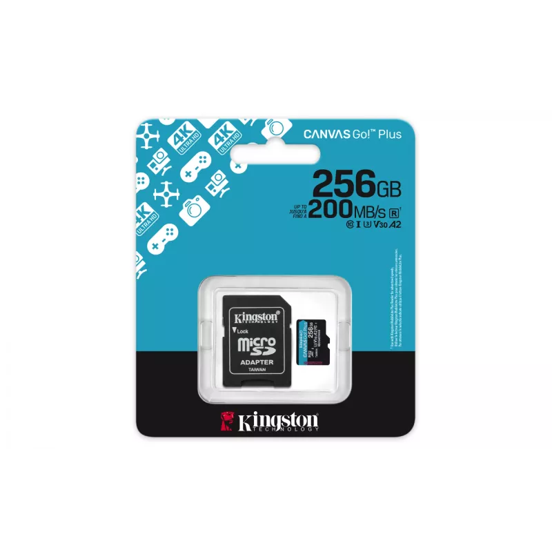 Kingston Technology 256GB microSDXC Canvas Go Plus Gen4 200MB/s A2 U3 V30 atmiņas karte + adapteris