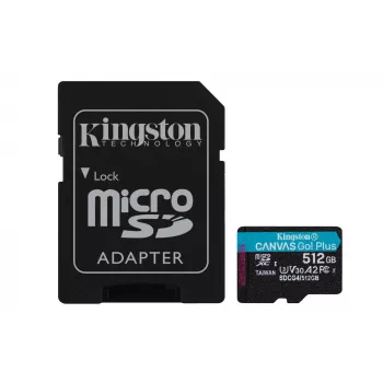 Kingston Technology 512GB microSDXC Canvas Go Plus Gen4 200MB/s A2 U3 V30 Karte + Adapteris