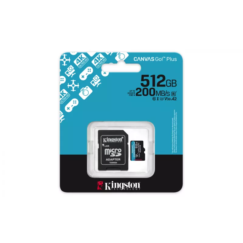 Kingston Technology 512GB microSDXC Canvas Go Plus Gen4 200MB/s A2 U3 V30 Karte + Adapteris