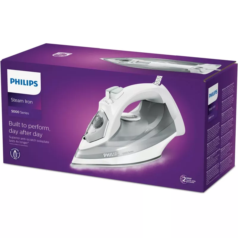 Philips 5000 sērija DST5010/10 gludeklis ar tvaiku, SteamGlide Plus zole, 2400 W, pelēks, balts