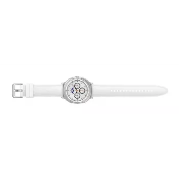 Viedpulkstenis Samsung Galaxy Watch 8 Classic 46 mm — 1,3 collu AMOLED, 438×438, 64 GB, Wi‑Fi, GPS, Sudraba korpuss, Balta siksniņa