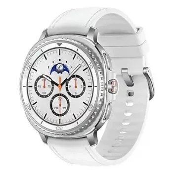 Viedpulkstenis Samsung Galaxy Watch 8 Classic 46 mm — 1,3 collu AMOLED, 438×438, 64 GB, Wi‑Fi, GPS, Sudraba korpuss, Balta siksniņa