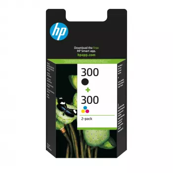 HP 300 2-pack Melnā/Krāsu oriģinālās tintes kasetnes, Melna, Ciāna, Fuksīna, Dzeltena, Pigmenta tinte, Krāsvielu tinte, 2 gab., 200 lpp., 165 lpp.
