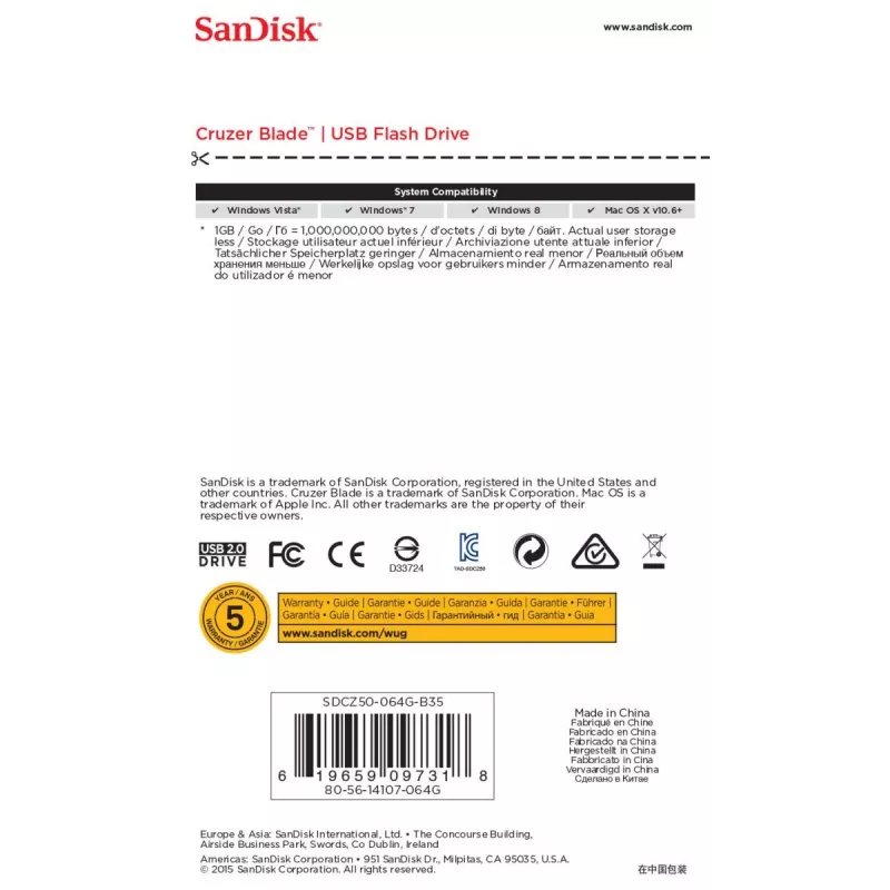 USB zibatmiņa SanDisk 64 GB USB Type-A 2.0 Cruzer Blade