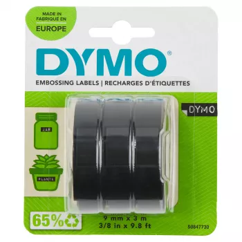 DYMO 3D reljefa lentes komplekts S0847730 | 9 mm x 3 m | Balts uz melna | 3 ruļļi