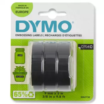 DYMO 3D reljefa lentes komplekts S0847730 | 9 mm x 3 m | Balts uz melna | 3 ruļļi