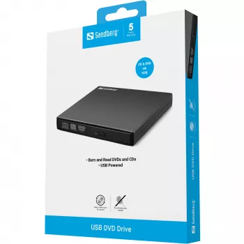 Sandberg USB DVD Diskdzinis, Melns, Galddators/Portatīvais dators, DVD Super Multi, USB 2.0, CD-R, CD-ROM, CD-RW, DVD-R, DVD-ROM, DVD-RW, 24x