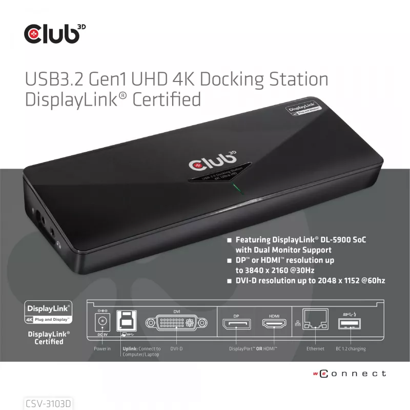 CLUB3D CSV-3103D Universāla USB 3.1 Gen 1 UHD 4K dokstacija ar DisplayLink™