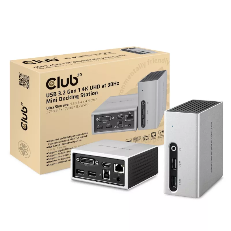 CLUB3D USB 3.2 Gen 1 Mini Dokošanas stacija 4K UHD pie 30Hz, īpaši plāns dizains