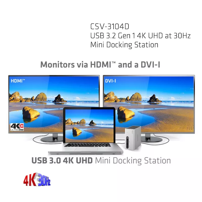 CLUB3D USB 3.2 Gen 1 Mini Dokošanas stacija 4K UHD pie 30Hz, īpaši plāns dizains