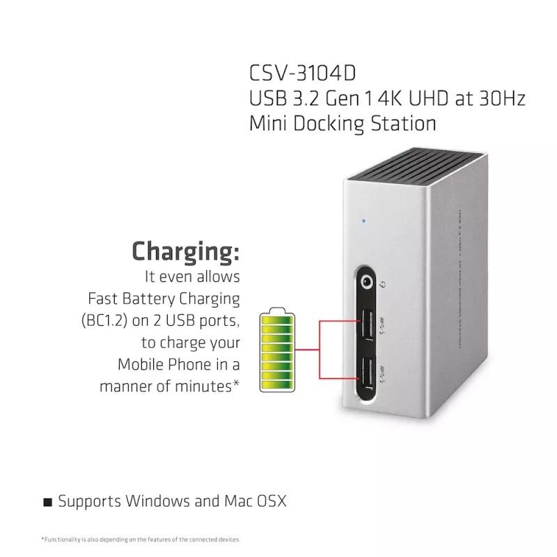 CLUB3D USB 3.2 Gen 1 Mini Dokošanas stacija 4K UHD pie 30Hz, īpaši plāns dizains