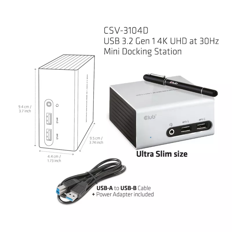 CLUB3D USB 3.2 Gen 1 Mini Dokošanas stacija 4K UHD pie 30Hz, īpaši plāns dizains