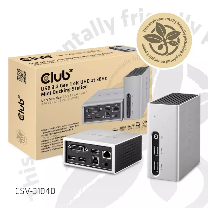CLUB3D USB 3.2 Gen 1 Mini Dokošanas stacija 4K UHD pie 30Hz, īpaši plāns dizains