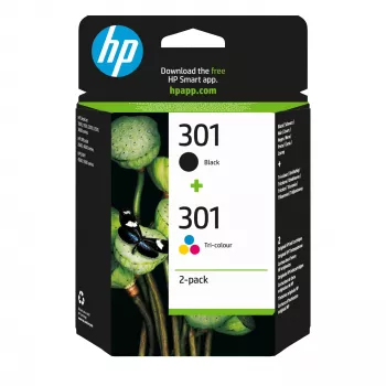 HP 301 2 iepakojums Melna/Krāsu oriģinālās tintes kasetnes, Melna, Ciāna, Dzeltena, Fuksīna, Pigmenta tinte, 2 gab., 170 lpp.