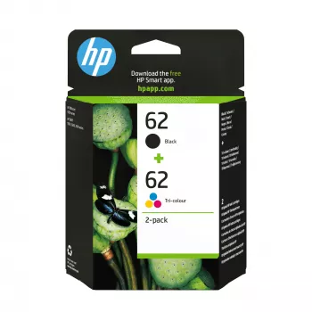 HP 62 2-pack Melnā/Krāsu oriģinālās tintes kasetnes, melna, ciāna, fuksīna, dzeltena, pigmenta tinte, 2 gab., 200 lapas